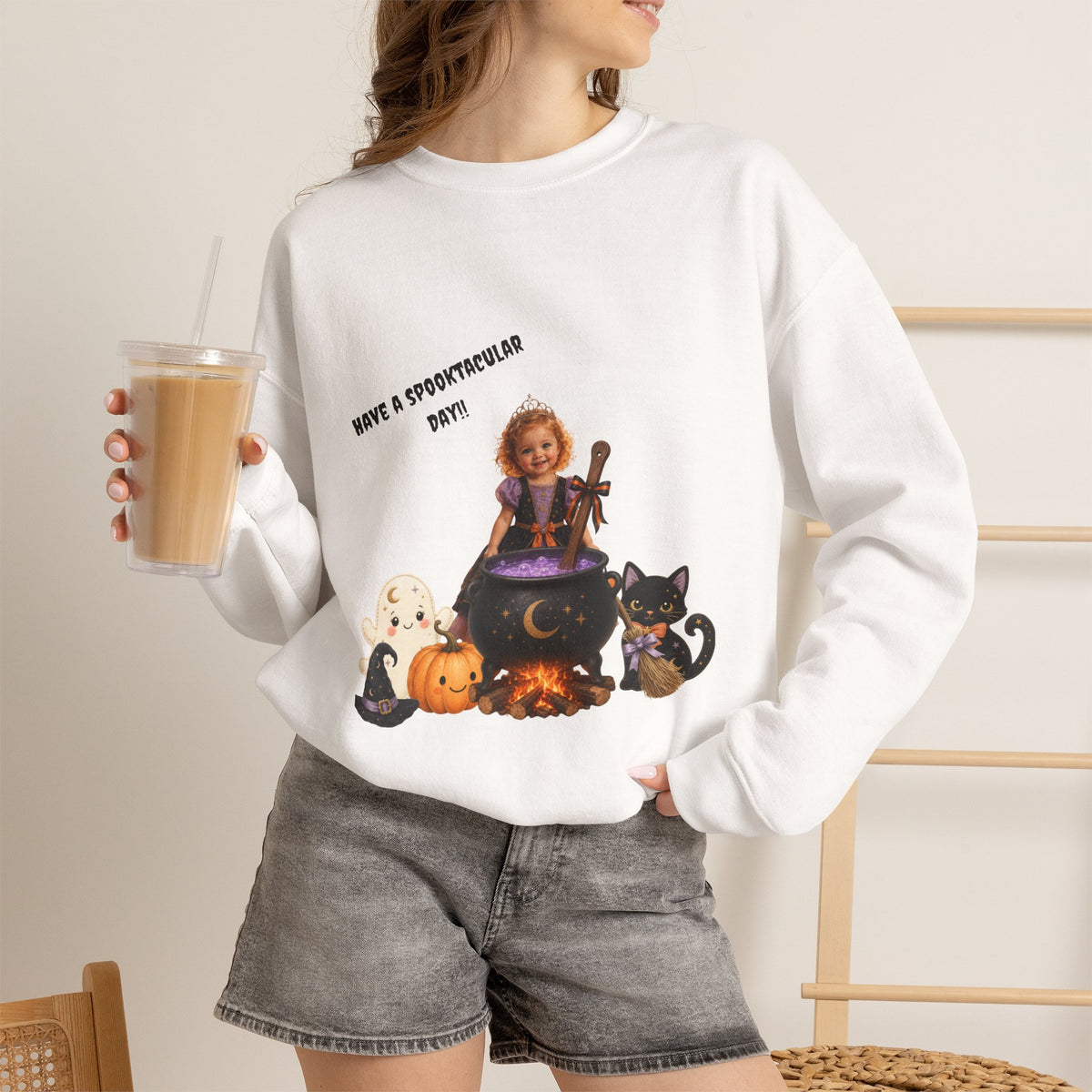 Halloween Witch Kid Crewneck Sweatshirt — "Have a Spooktacular Day"