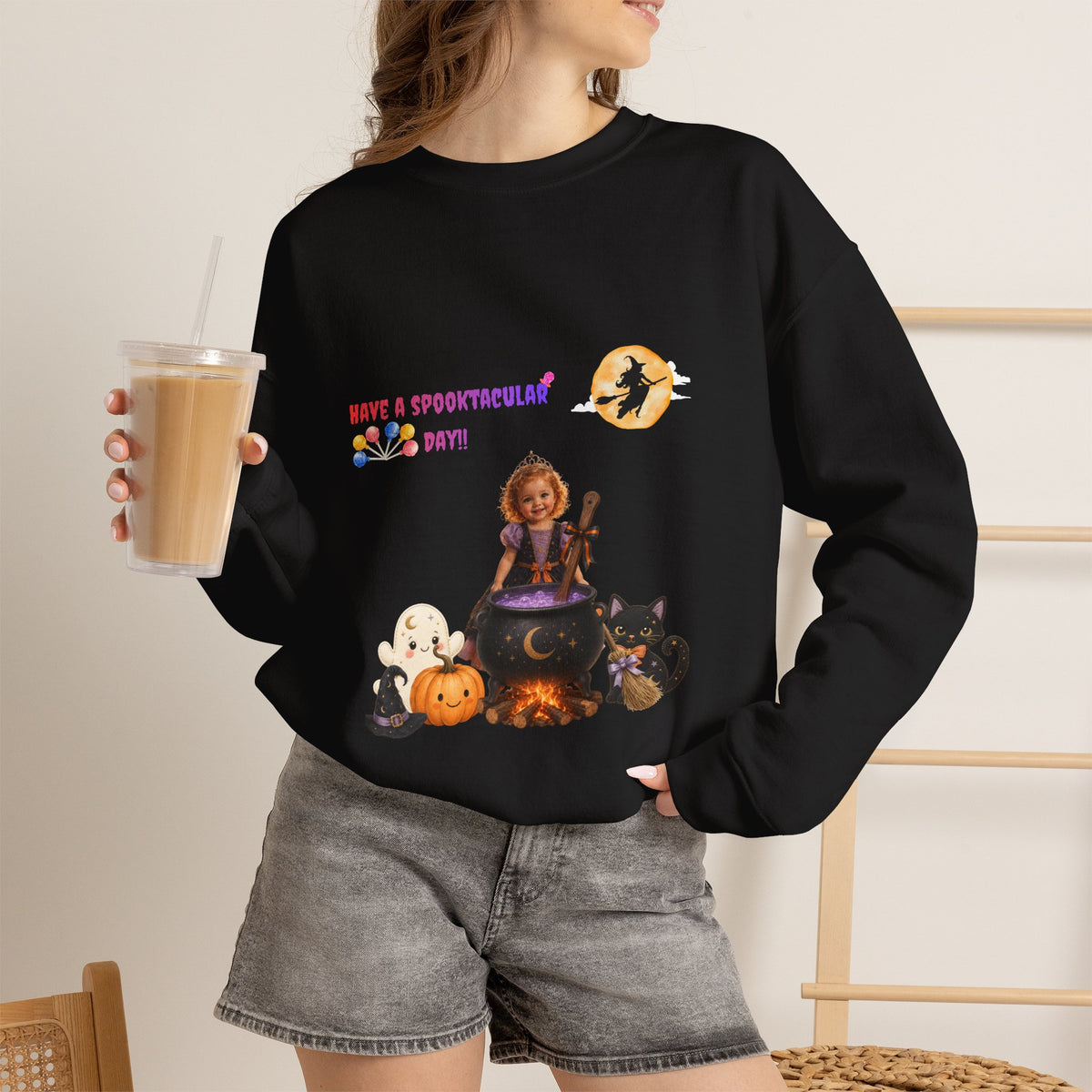 Halloween Witch Kid Crewneck Sweatshirt — "Have a Spooktacular Day"