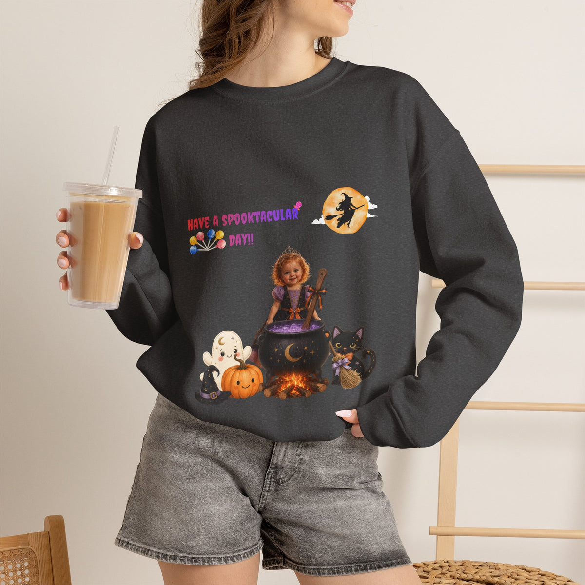 Halloween Witch Kid Crewneck Sweatshirt — "Have a Spooktacular Day"