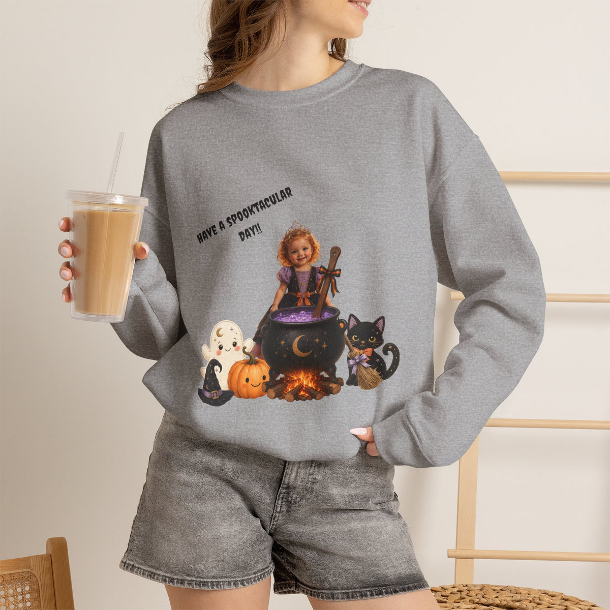 Halloween Witch Kid Crewneck Sweatshirt — "Have a Spooktacular Day"