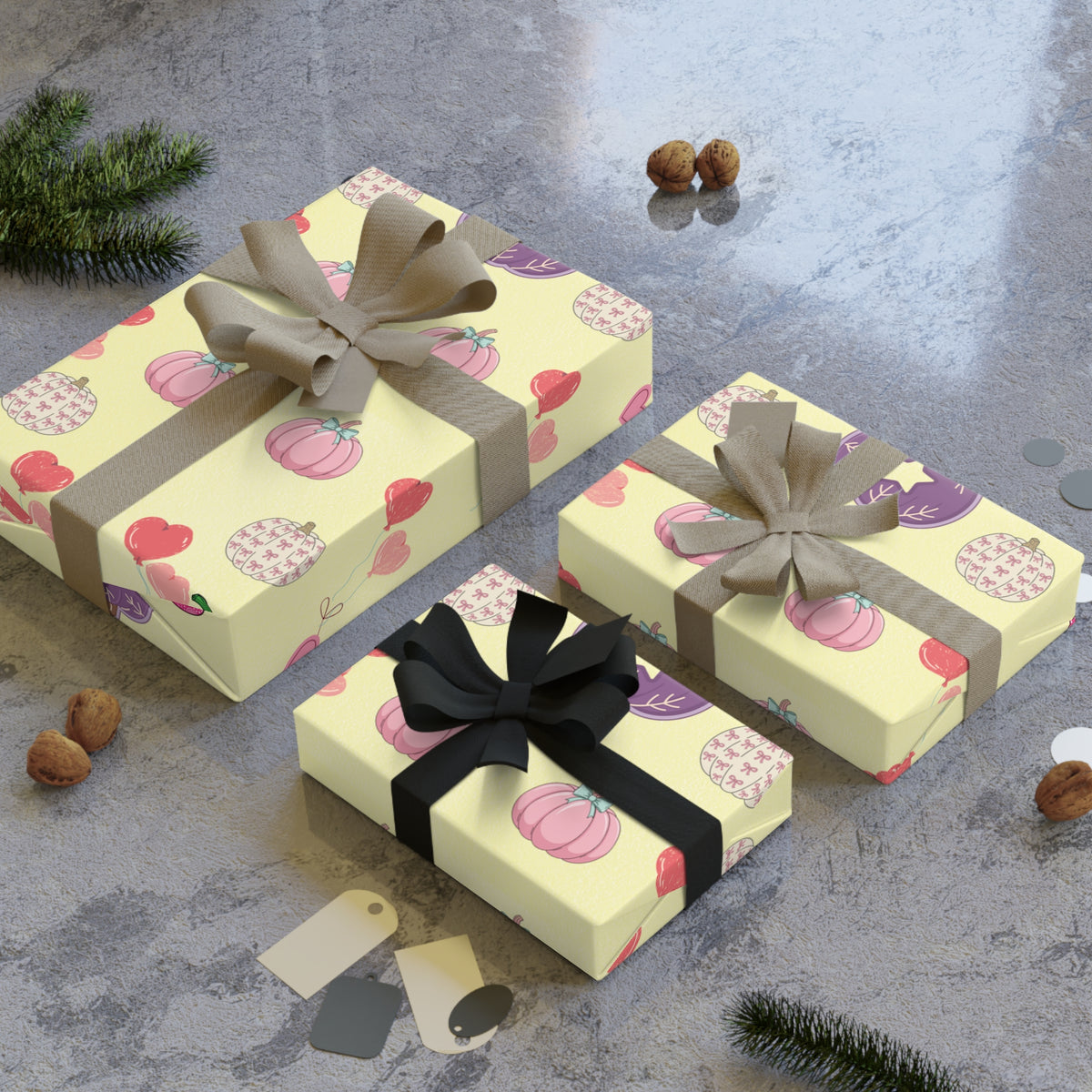Pink Halloween Wrapping Paper – Cute Pumpkin & Heart Fall Gift Wrap