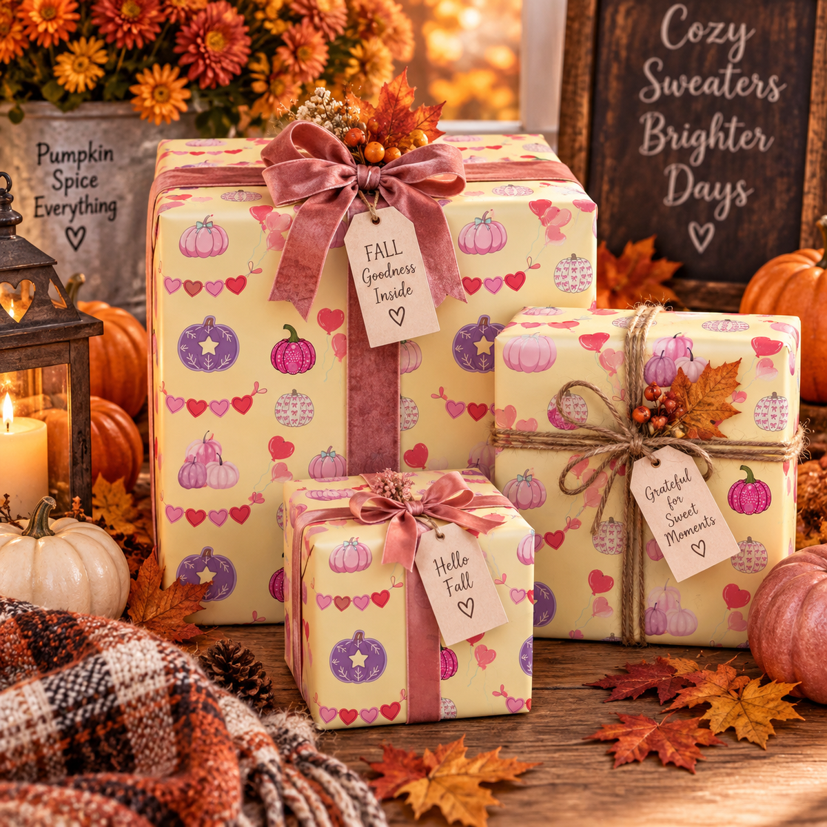 Pink Halloween Wrapping Paper – Cute Pumpkin & Heart Fall Gift Wrap