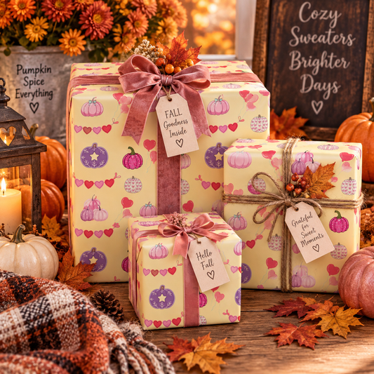 Pink Halloween Wrapping Paper – Cute Pumpkin & Heart Fall Gift Wrap