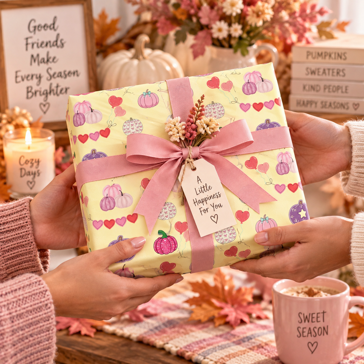 Pink Halloween Wrapping Paper – Cute Pumpkin & Heart Fall Gift Wrap