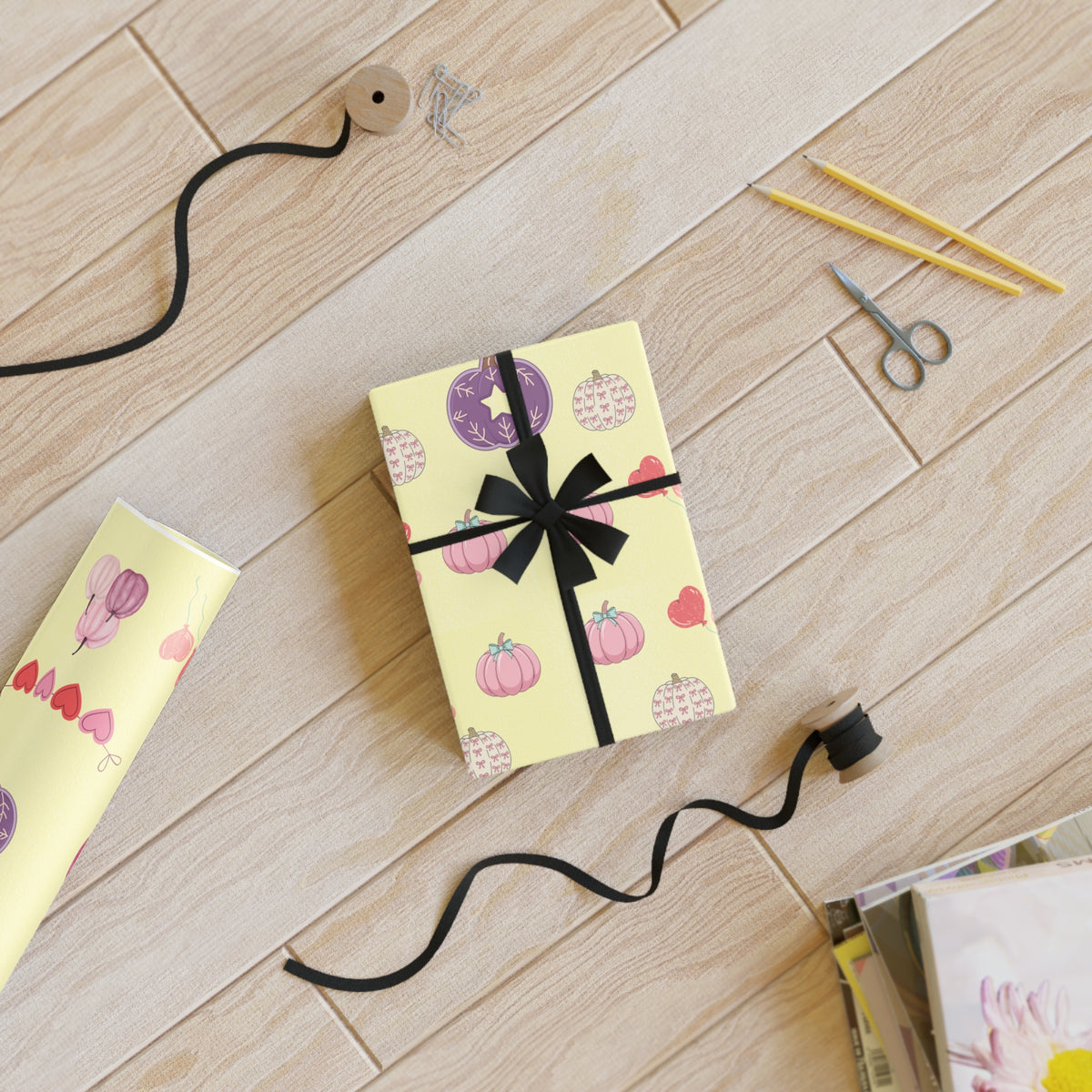 Pink Halloween Wrapping Paper – Cute Pumpkin & Heart Fall Gift Wrap