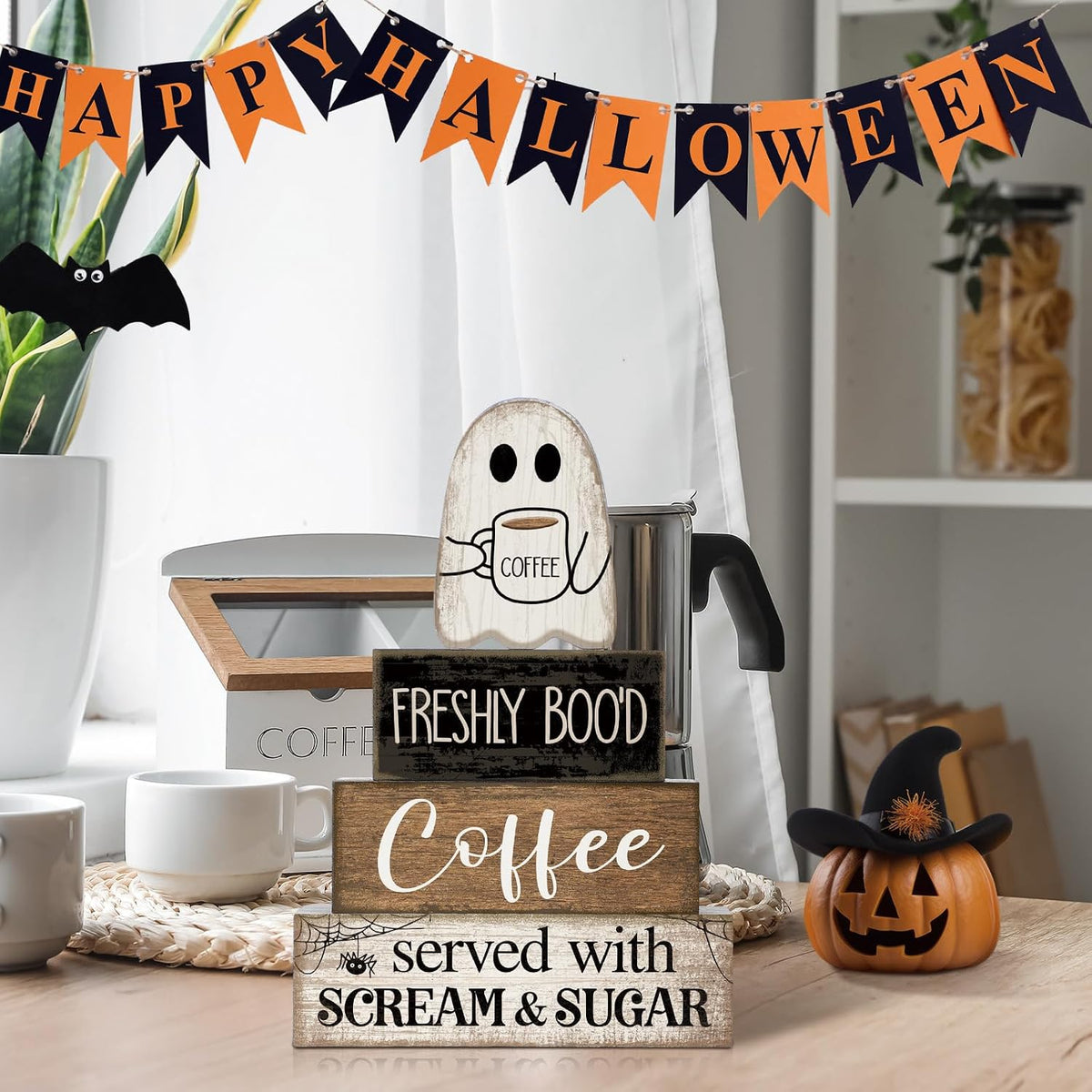 Spooktacular 4-Piece Wooden Ghost Coffee Table Decor for Halloween