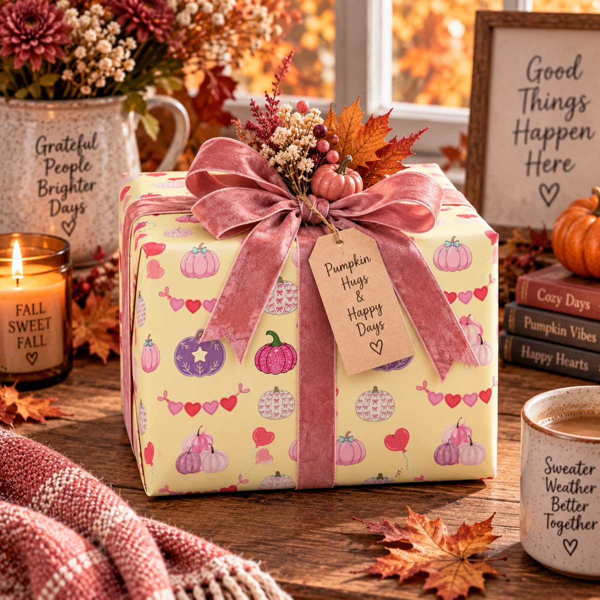 Pink Halloween Wrapping Paper – Cute Pumpkin & Heart Fall Gift Wrap